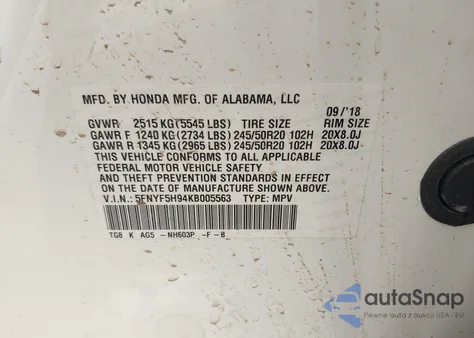 2019 Honda Pilot Touring from USA, damaged, VIN 5FNYF5H94KB005563